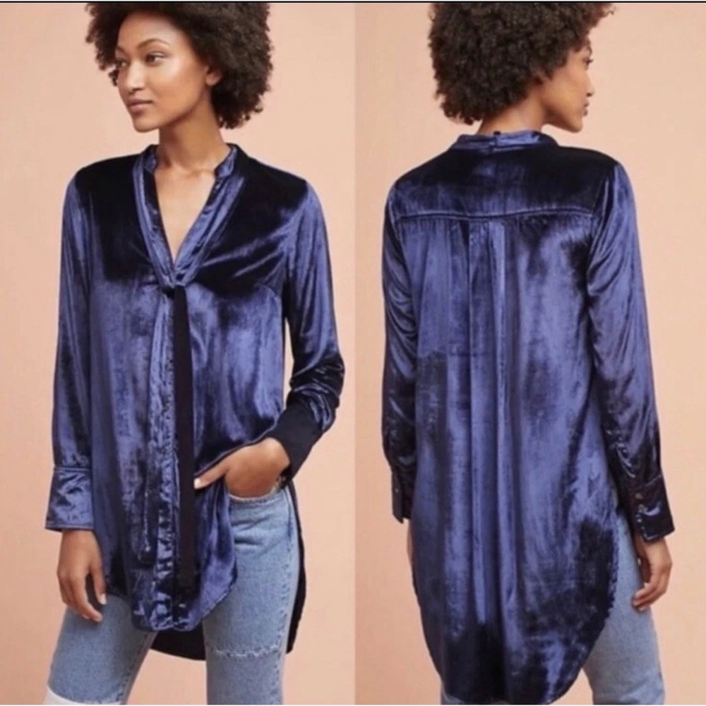 Maeve Anthropologie Navy Blue Velvet Tie Neck Tunic Blouse High Low Top Size 6